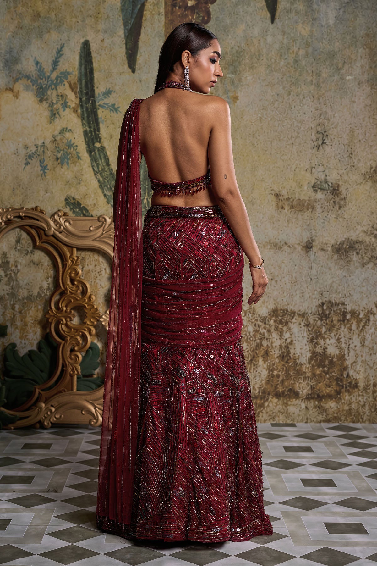 MAROON ABSTRACT EMBELLISHED SAREE SET
