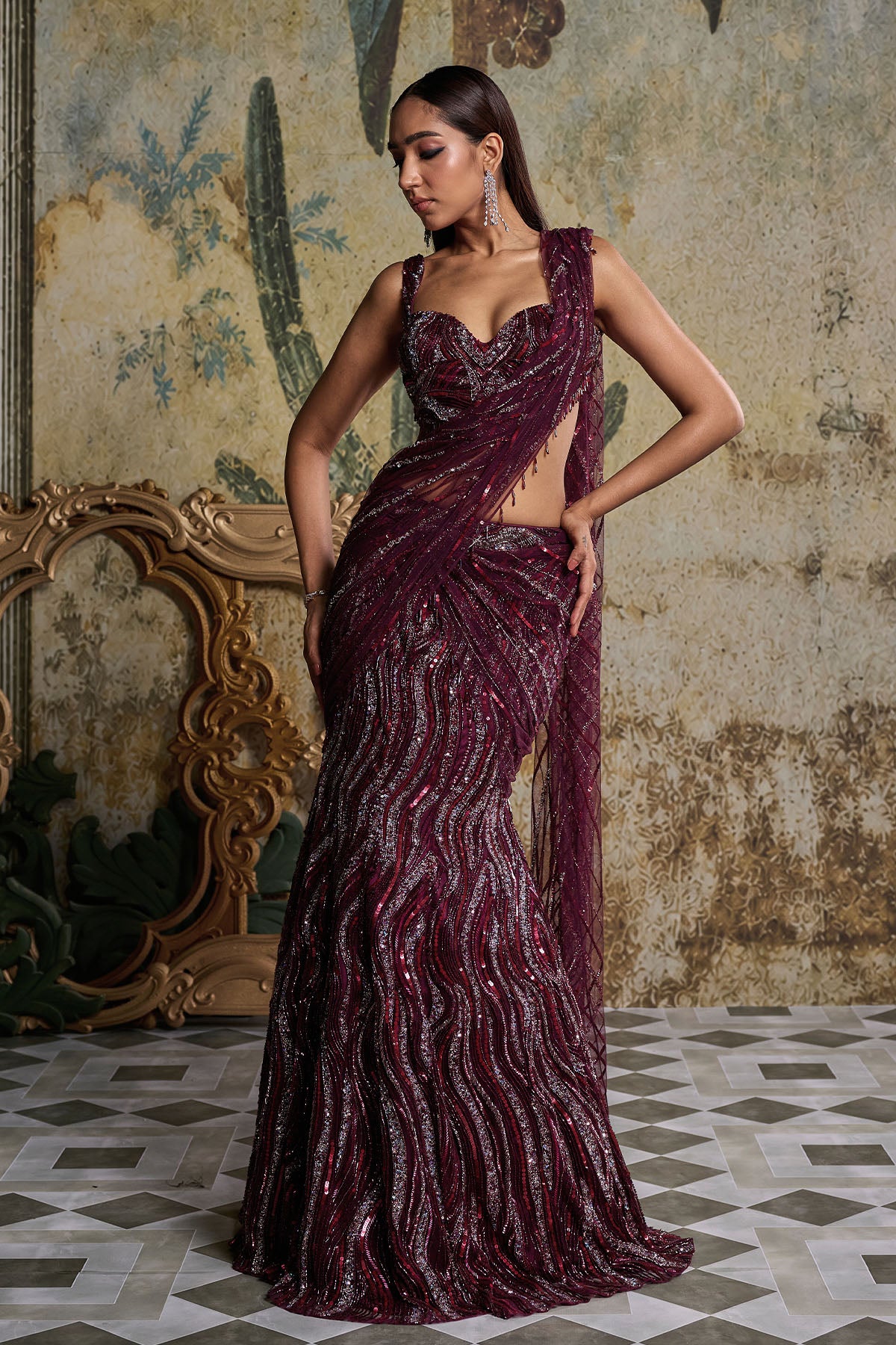 PLUM WAVE EMBELLISHED SAREE SET