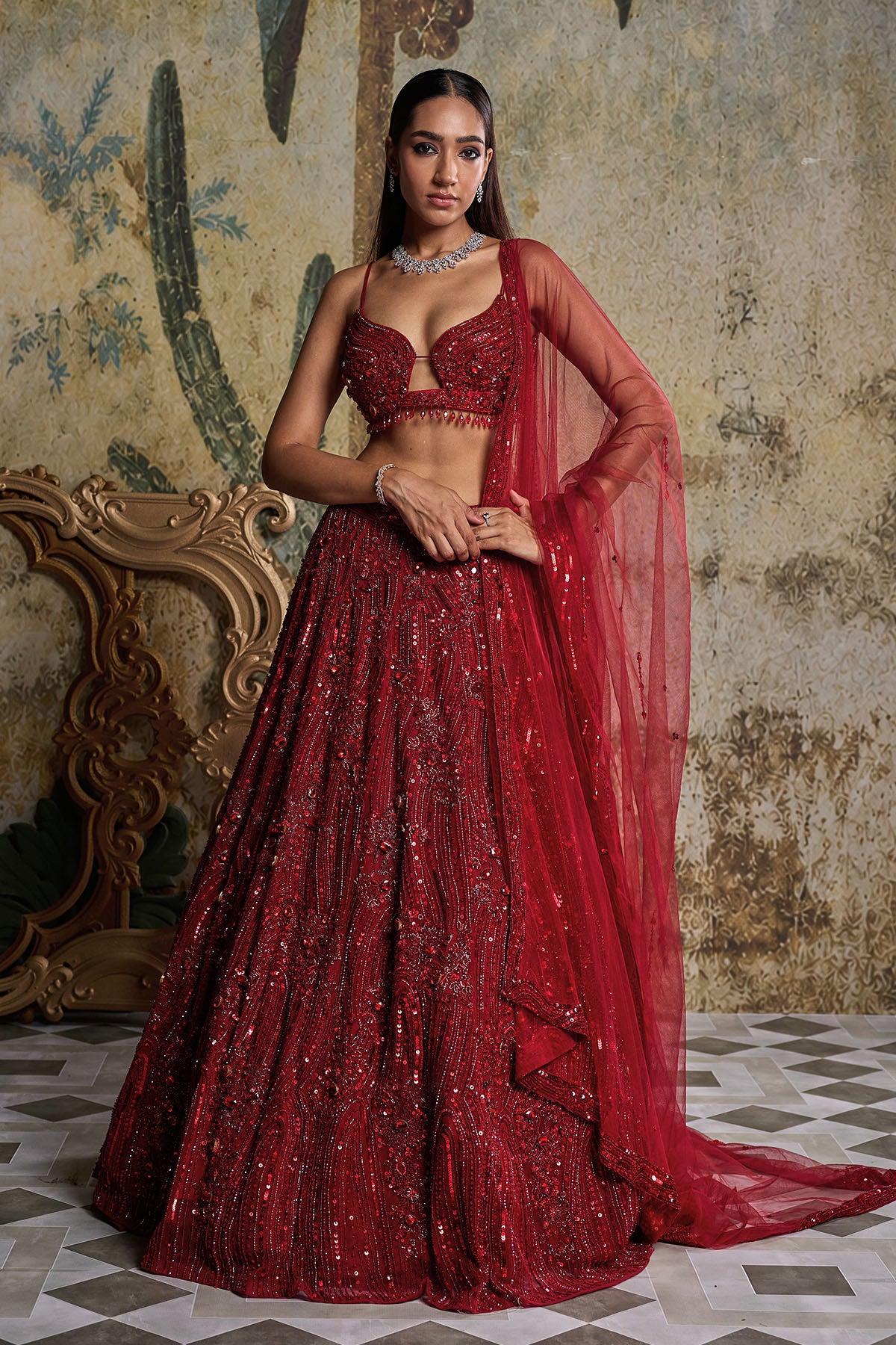 RED EMBELLISHED LEHENGA SET