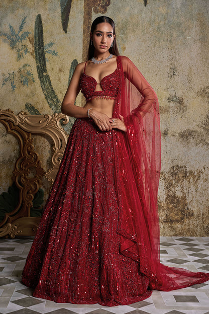 RED EMBELLISHED LEHENGA SET
