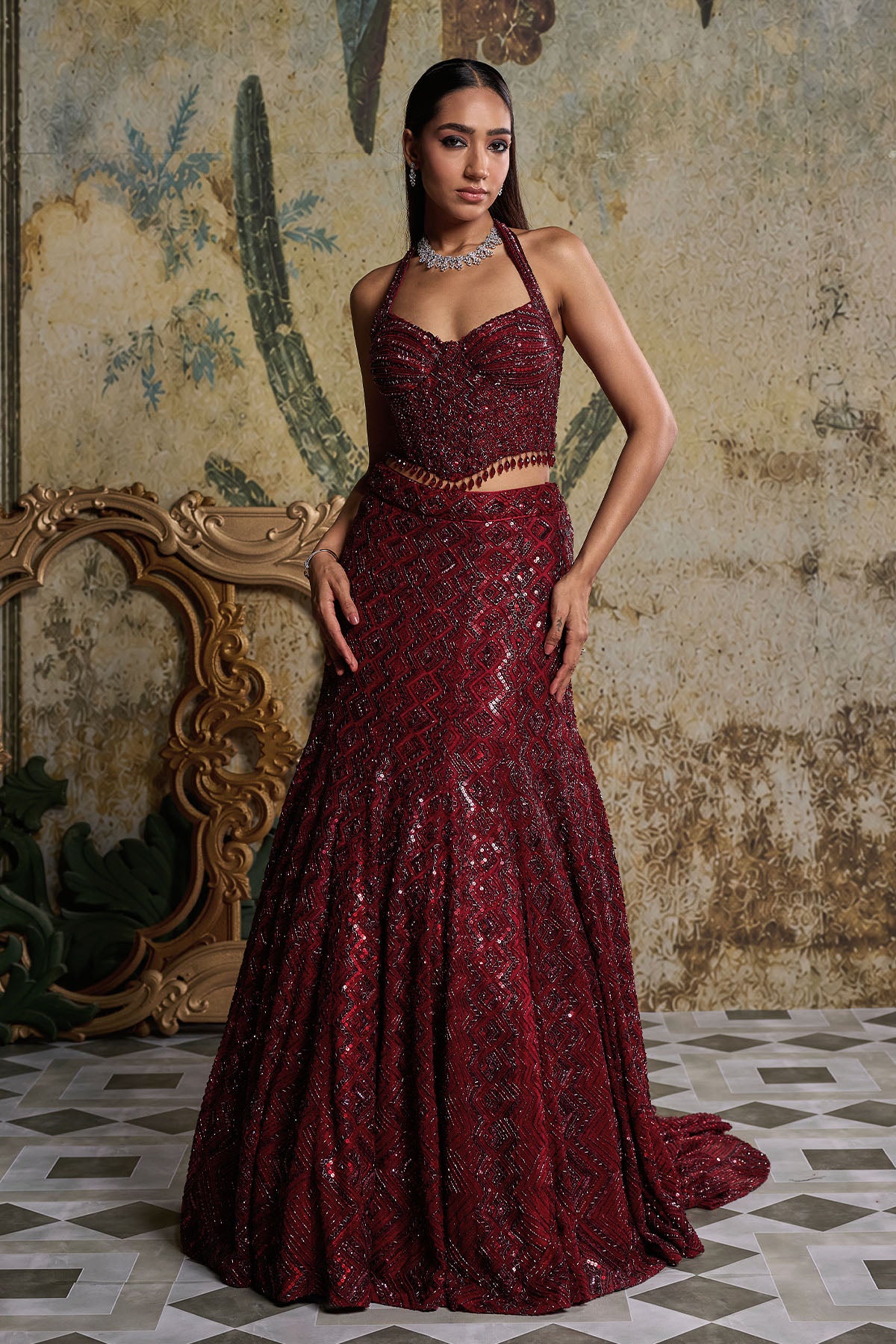 MAROON EMBELLISHED MERMIAD SET