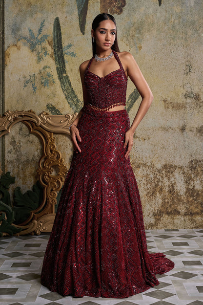 MAROON EMBELLISHED MERMIAD SET