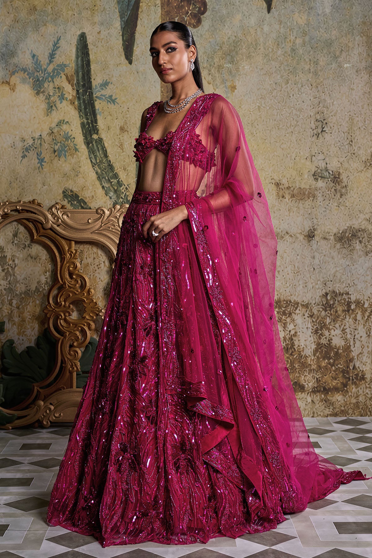 FUSCHIA PINK 3-D EMBELLISHED LEHENGA SET