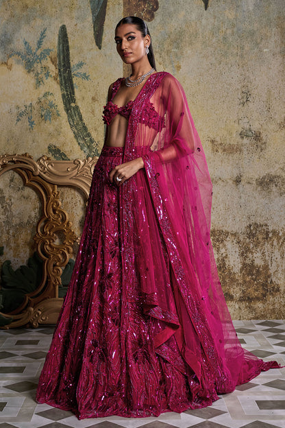 FUSCHIA PINK 3-D EMBELLISHED LEHENGA SET