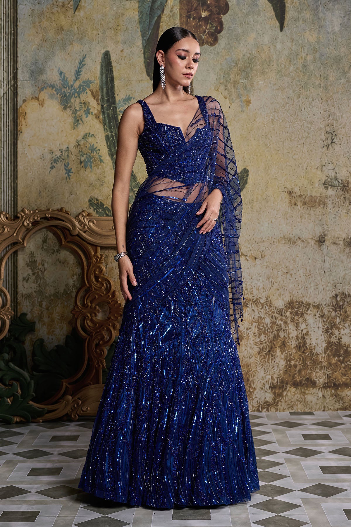 ELECTRIC BLUE EMBELLISHED SAREE SET