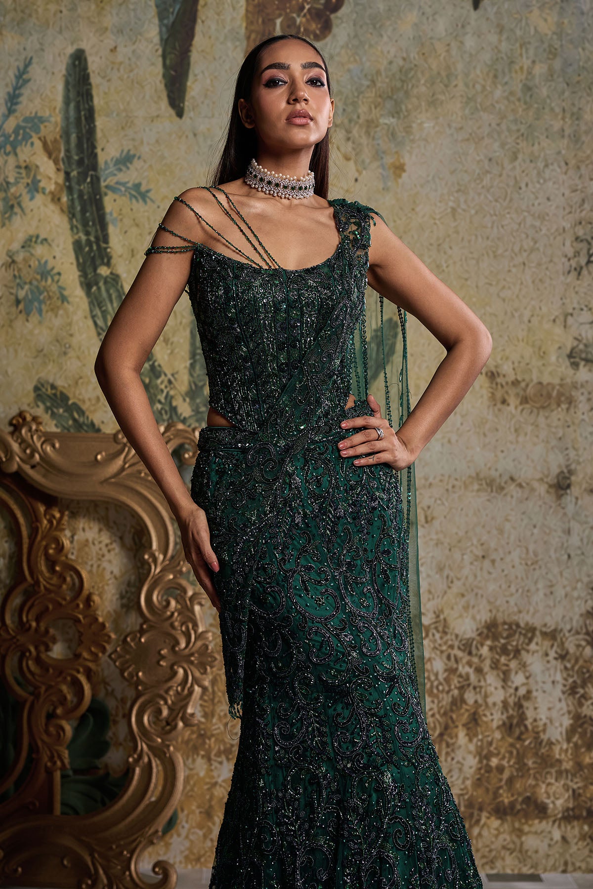 BOTTLE GREEN EMBELLISHED CORSET SAREE SET
