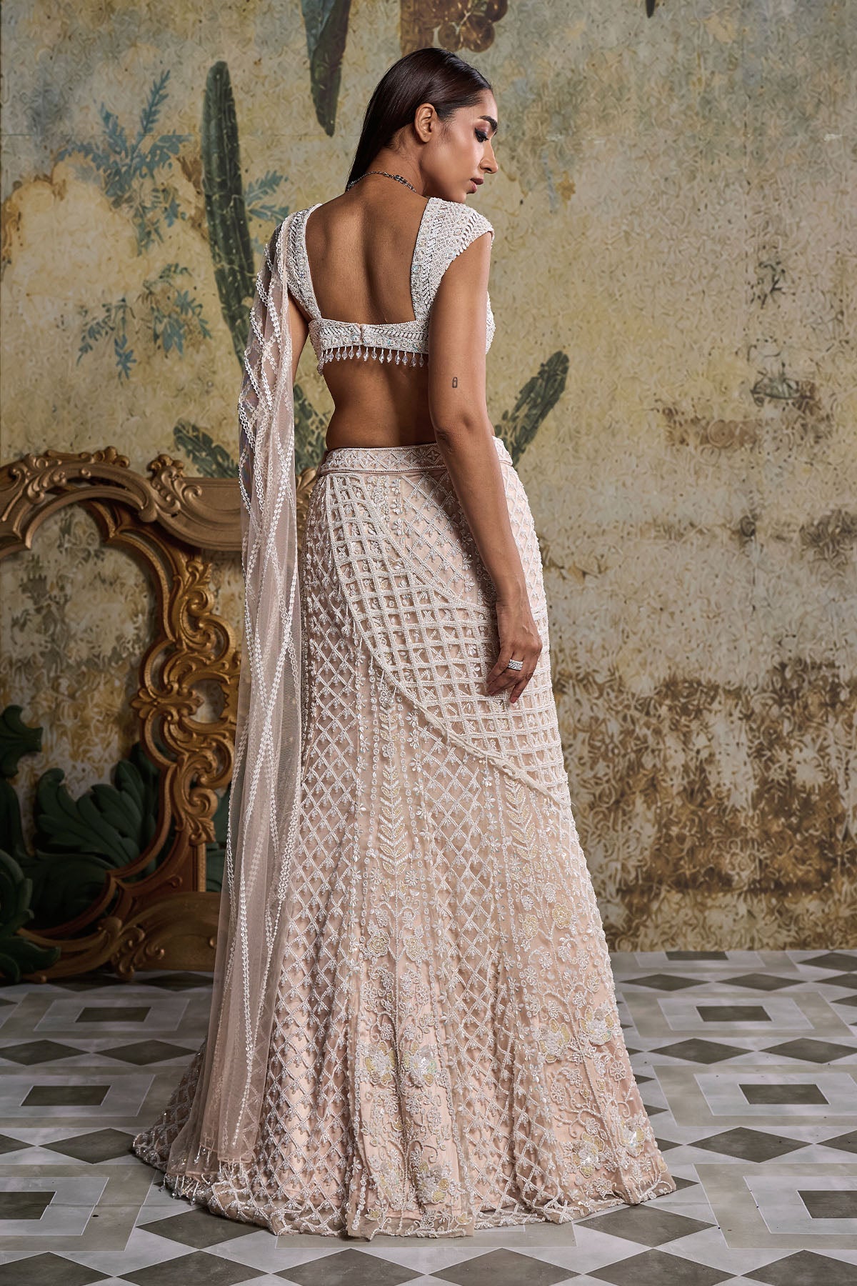 IVORY CUTWORK DRAPE EMBELLISHED SAREE SET