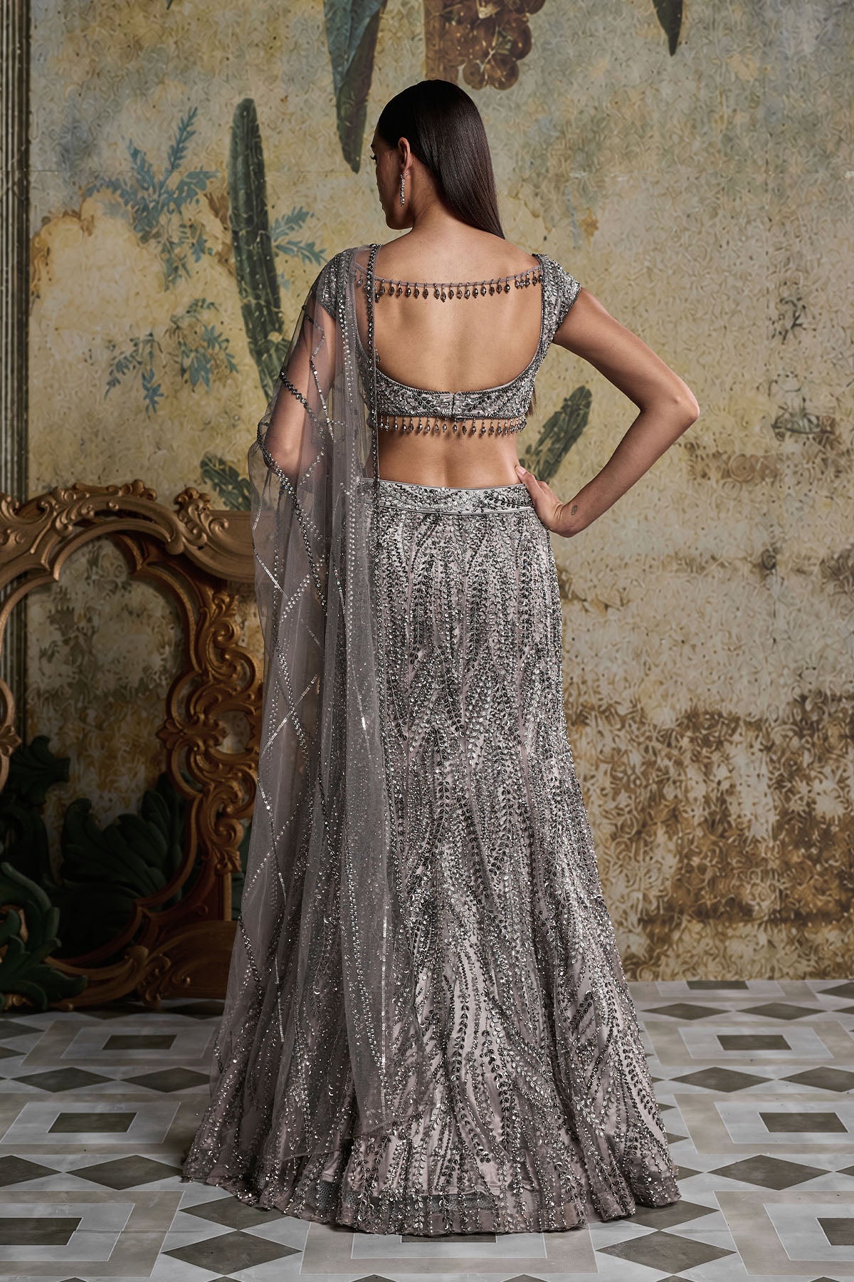 GREY GUNMETAL EMBELLISHED MERMAID SKIRT SET