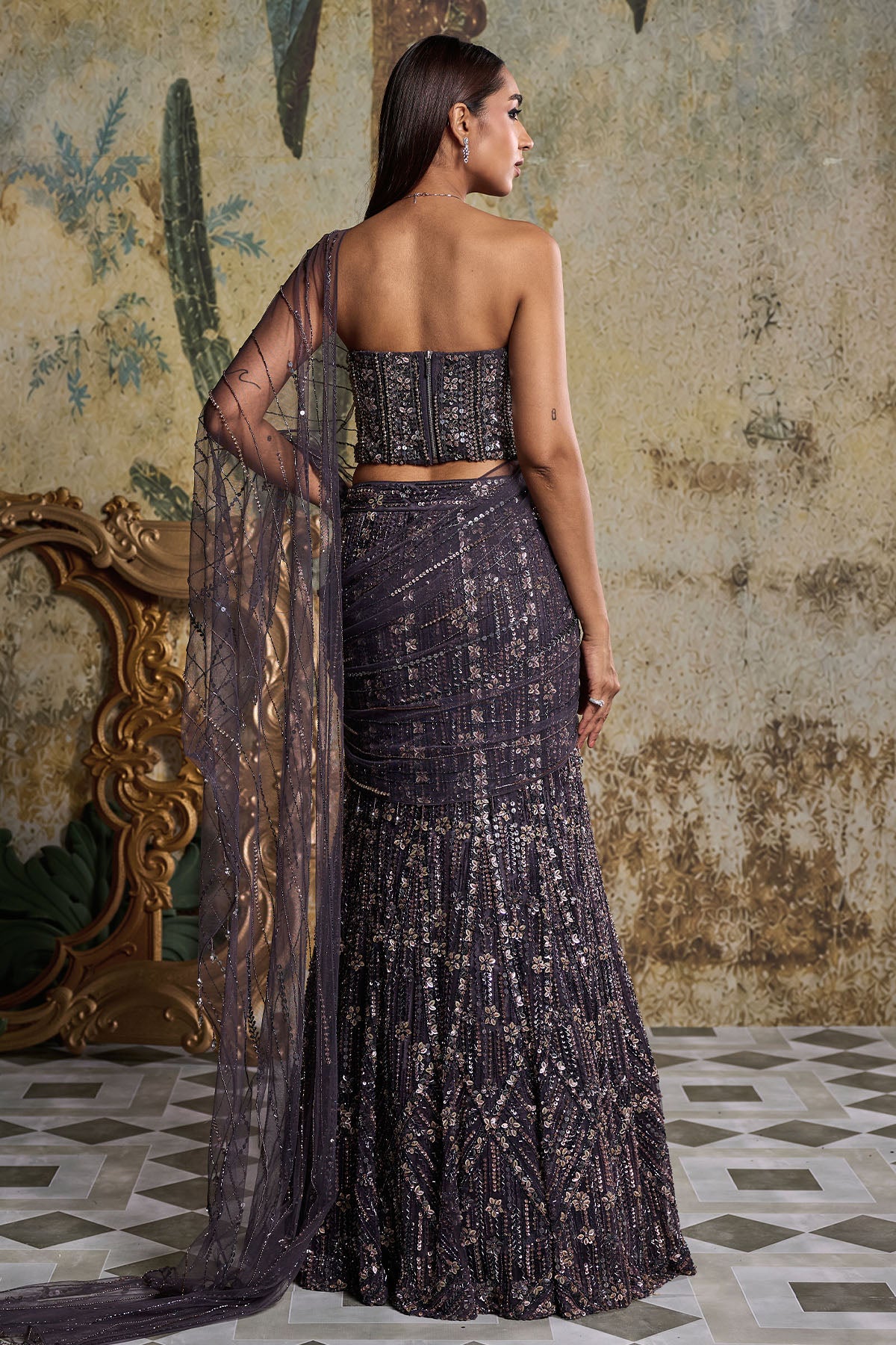 CHARCOL GREY FLORAL EMBELLISHED CORSET SAREE SET