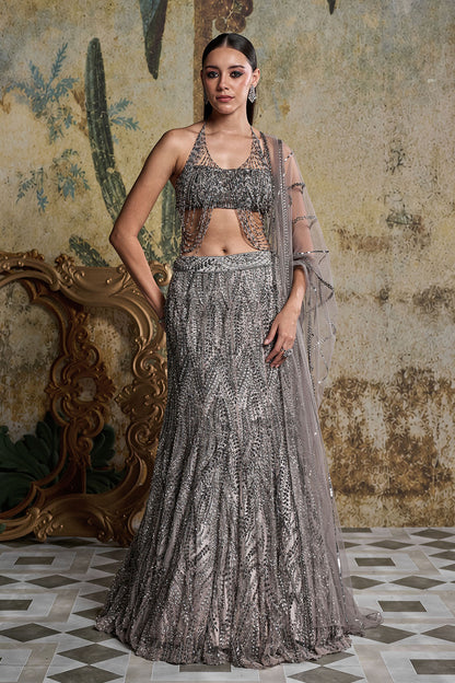 GREY GUNMETAL EMBELLISHED MERMAID SKIRT SET