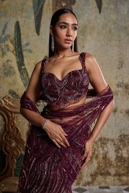 PLUM WAVE EMBELLISHED SAREE SET