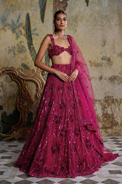 FUSCHIA PINK 3-D EMBELLISHED LEHENGA SET