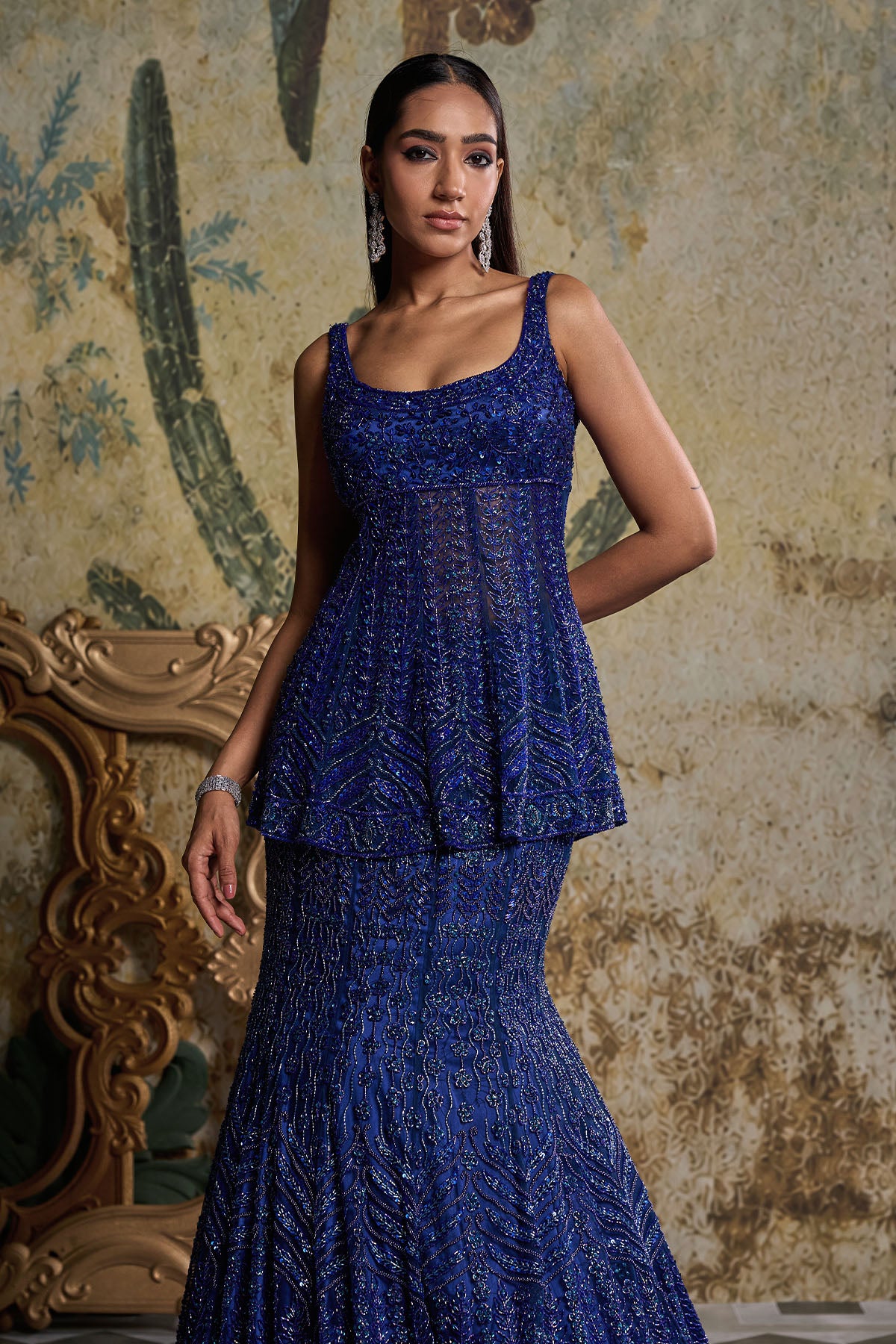 TEAL BLUE EMBELLISHED MERMAID SKIRT SET