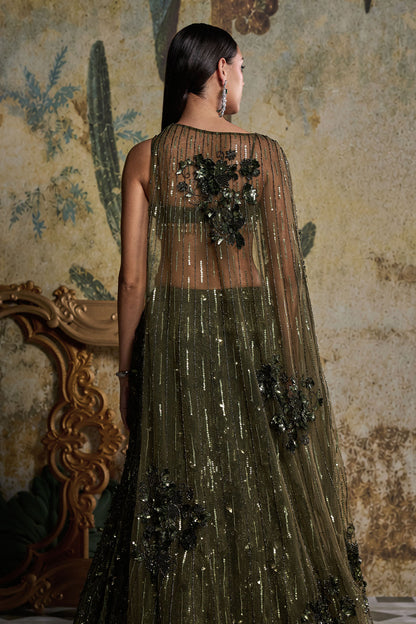EARTHY GREEN EMBELLISHED CAPE MERMAID SET