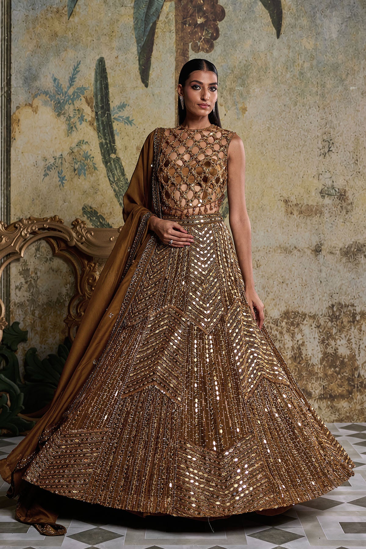 ANTIQUE GOLD EMBELLISHED LEHENGA SET