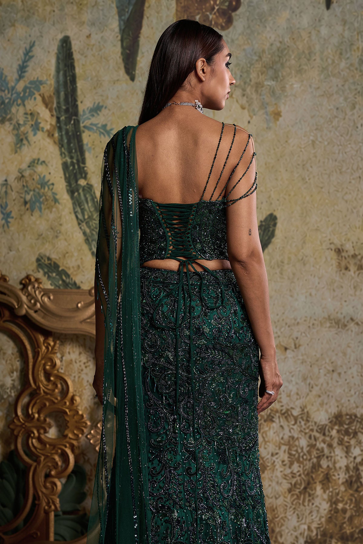 BOTTLE GREEN EMBELLISHED CORSET SAREE SET