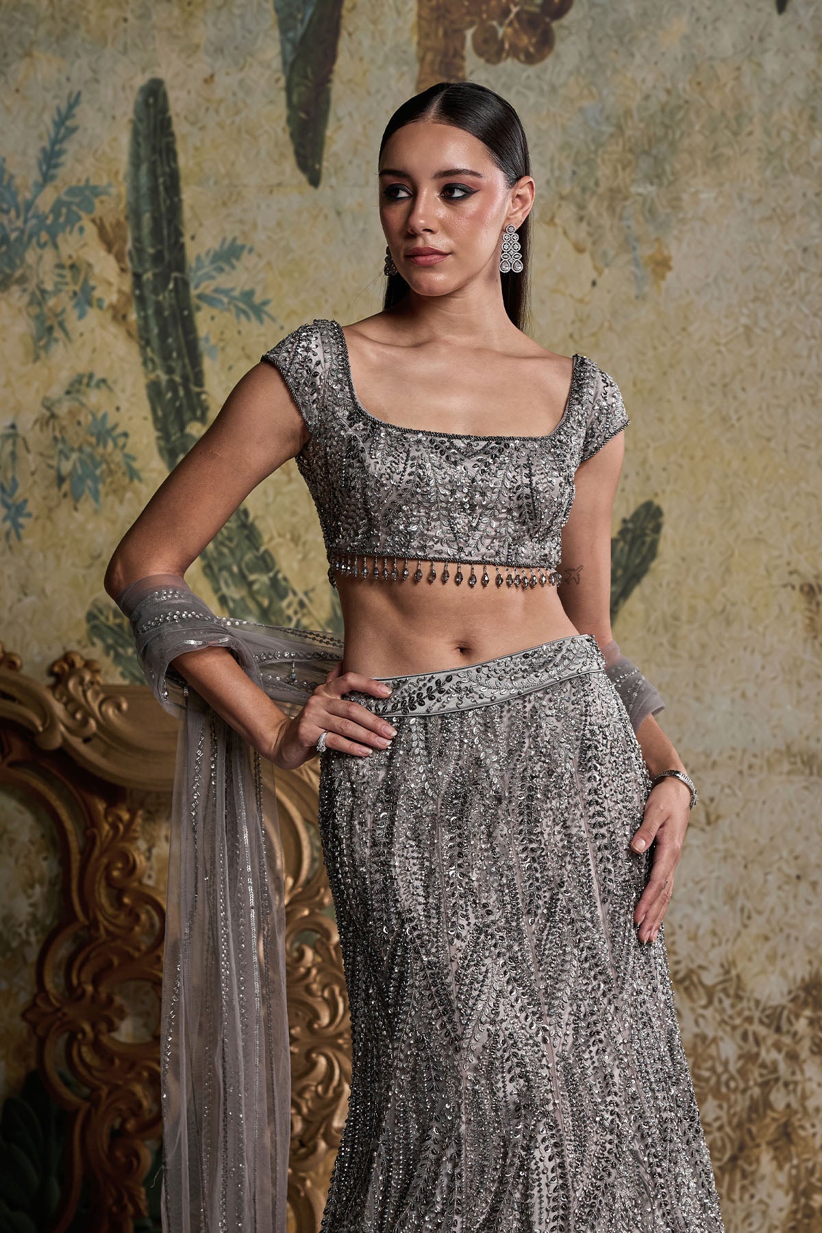 GREY GUNMETAL EMBELLISHED MERMAID SKIRT SET
