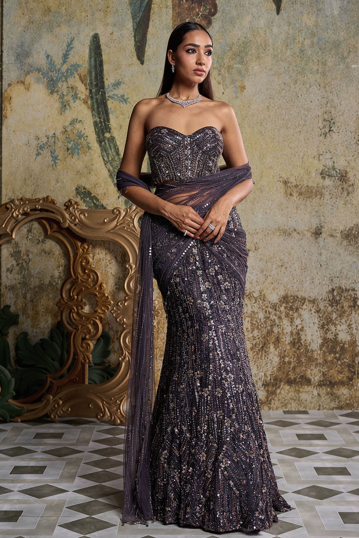 CHARCOL GREY FLORAL EMBELLISHED CORSET SAREE SET