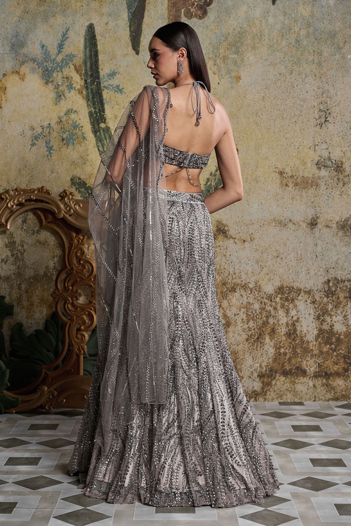 GREY GUNMETAL EMBELLISHED MERMAID SKIRT SET