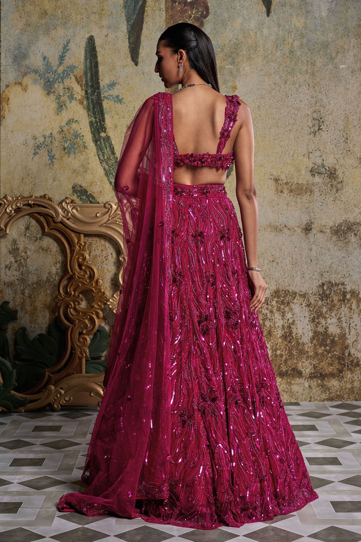 FUSCHIA PINK 3-D EMBELLISHED LEHENGA SET