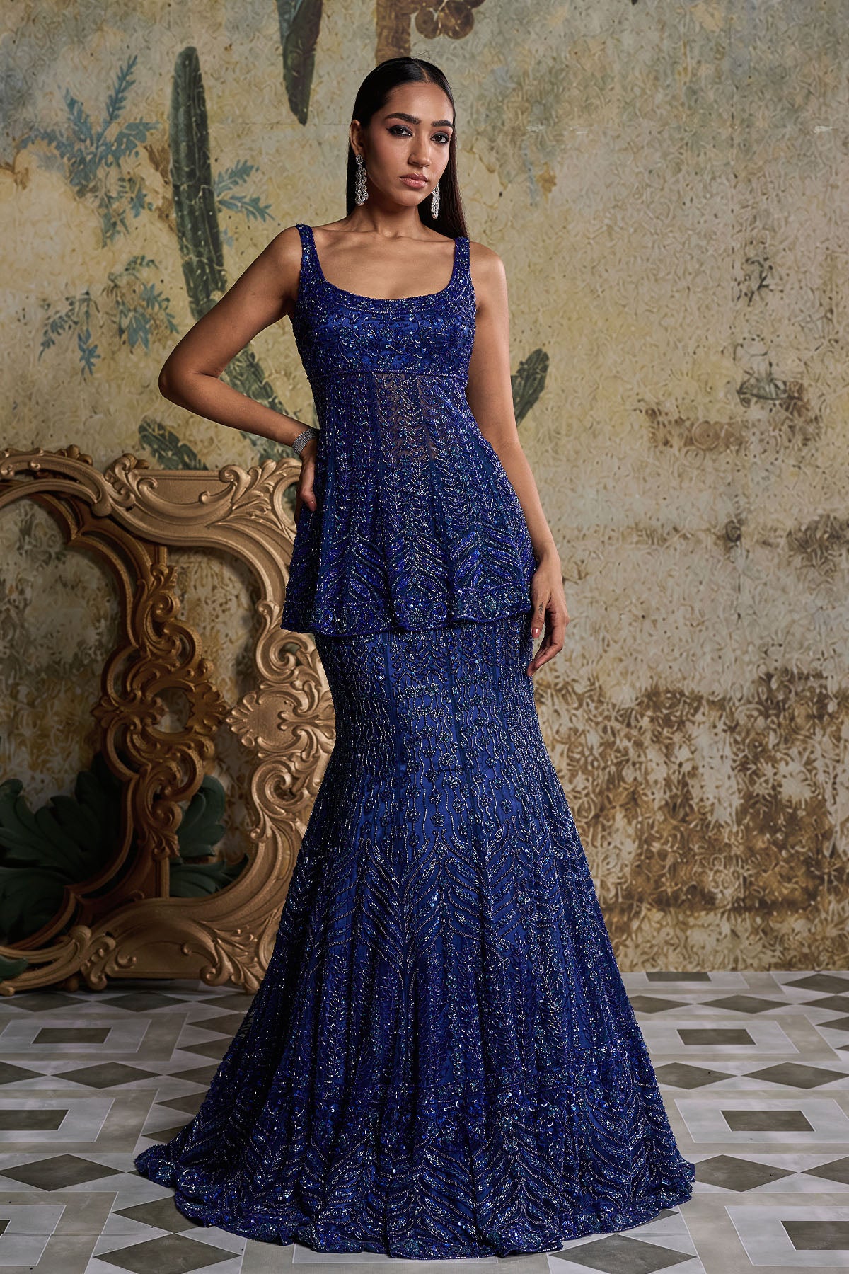 TEAL BLUE EMBELLISHED MERMAID SKIRT SET