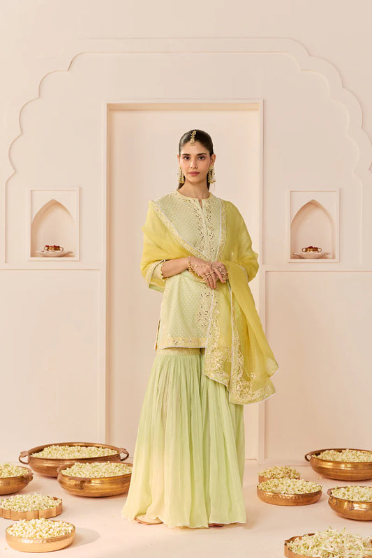 YASNEEN - MINT GREEN SHORT KURTA WITH GARARA AND DUPATTA