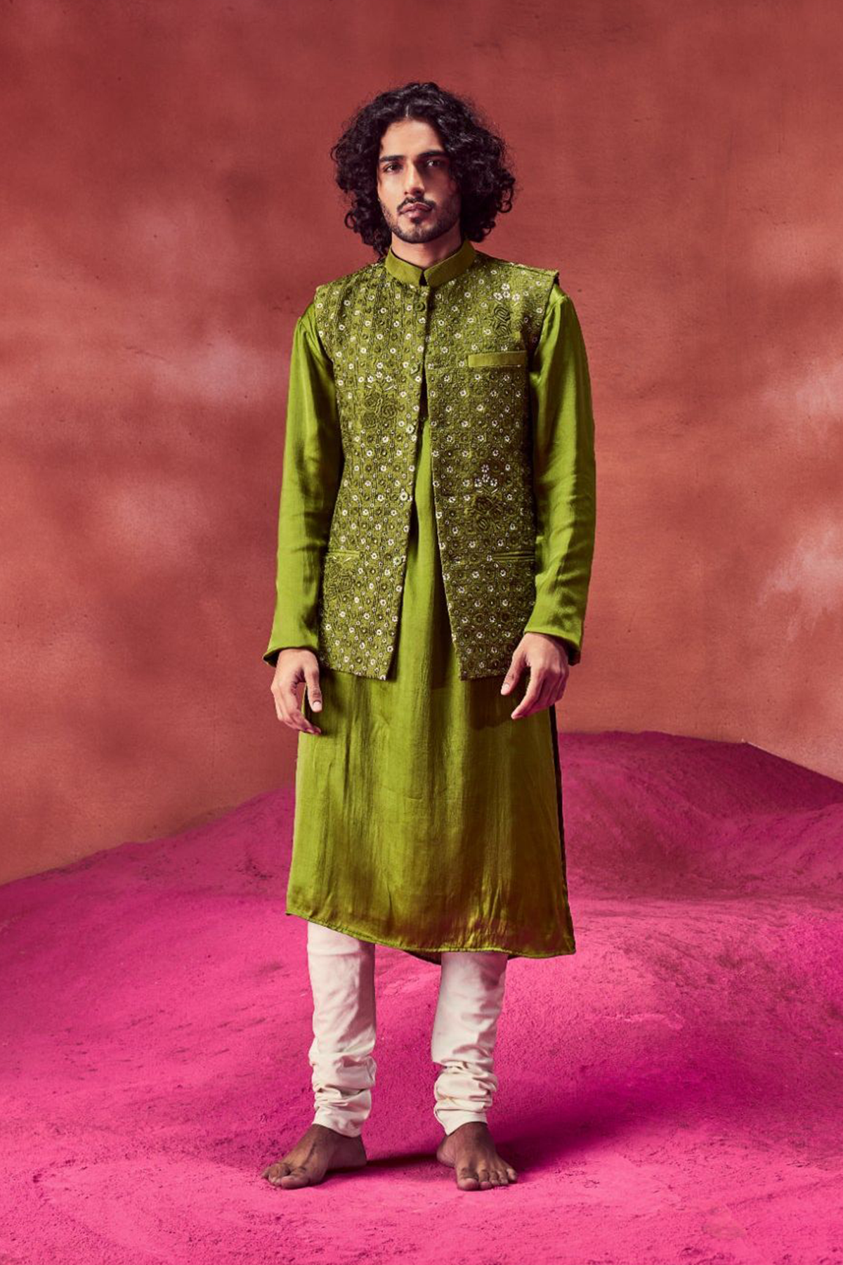 Olive Green Silk Kurta With Bandi & Churidar