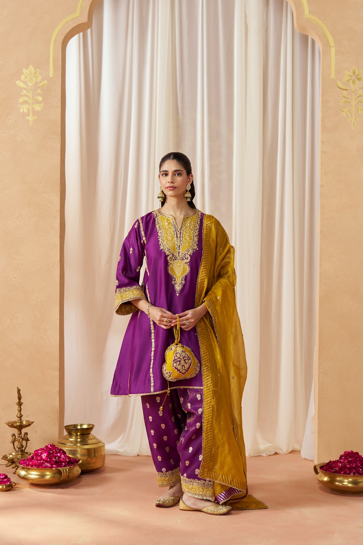 Maahgul - Deep Purple Short Kalidaar Chauga with Salwar & Light Dupatta