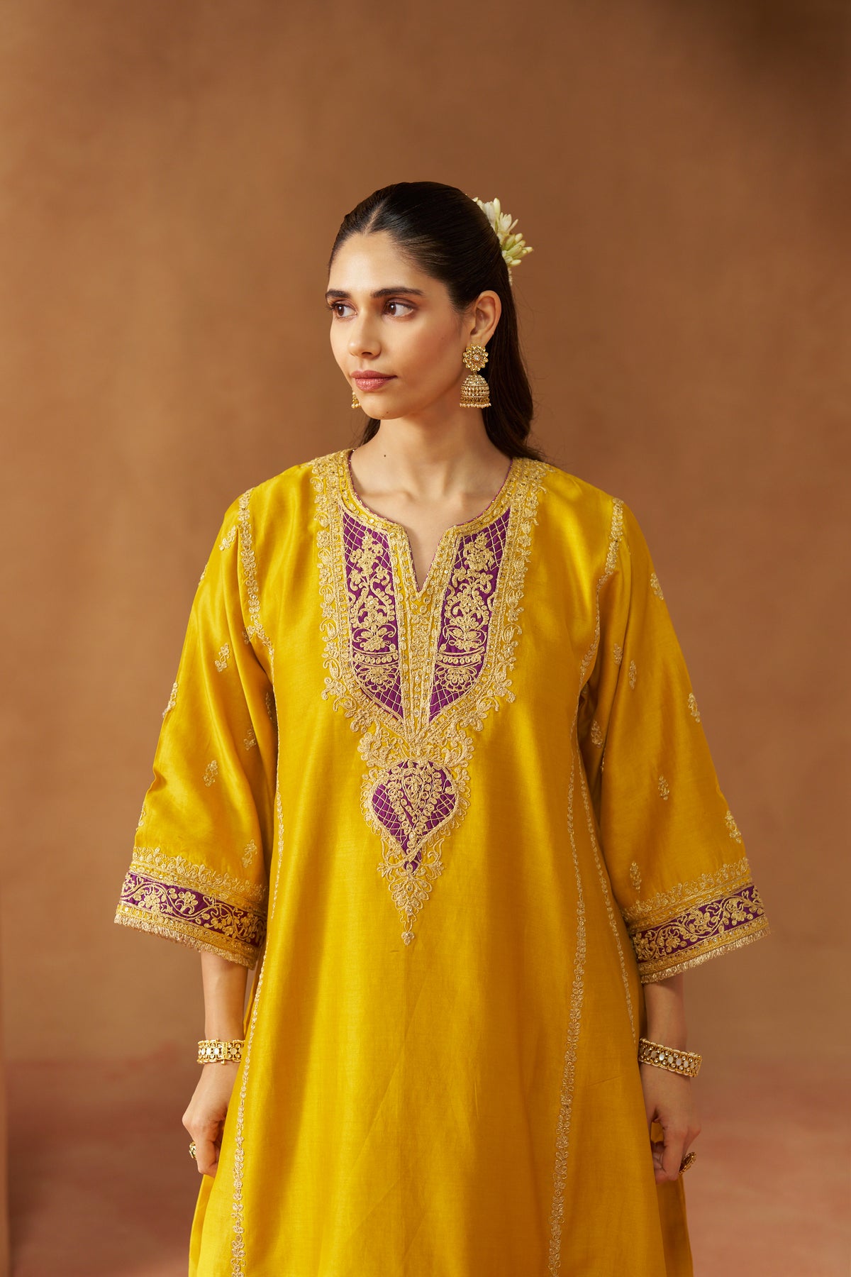 Maahgul - Mustard Short Kalidaar Chauga with Salwar & Light Dupatta