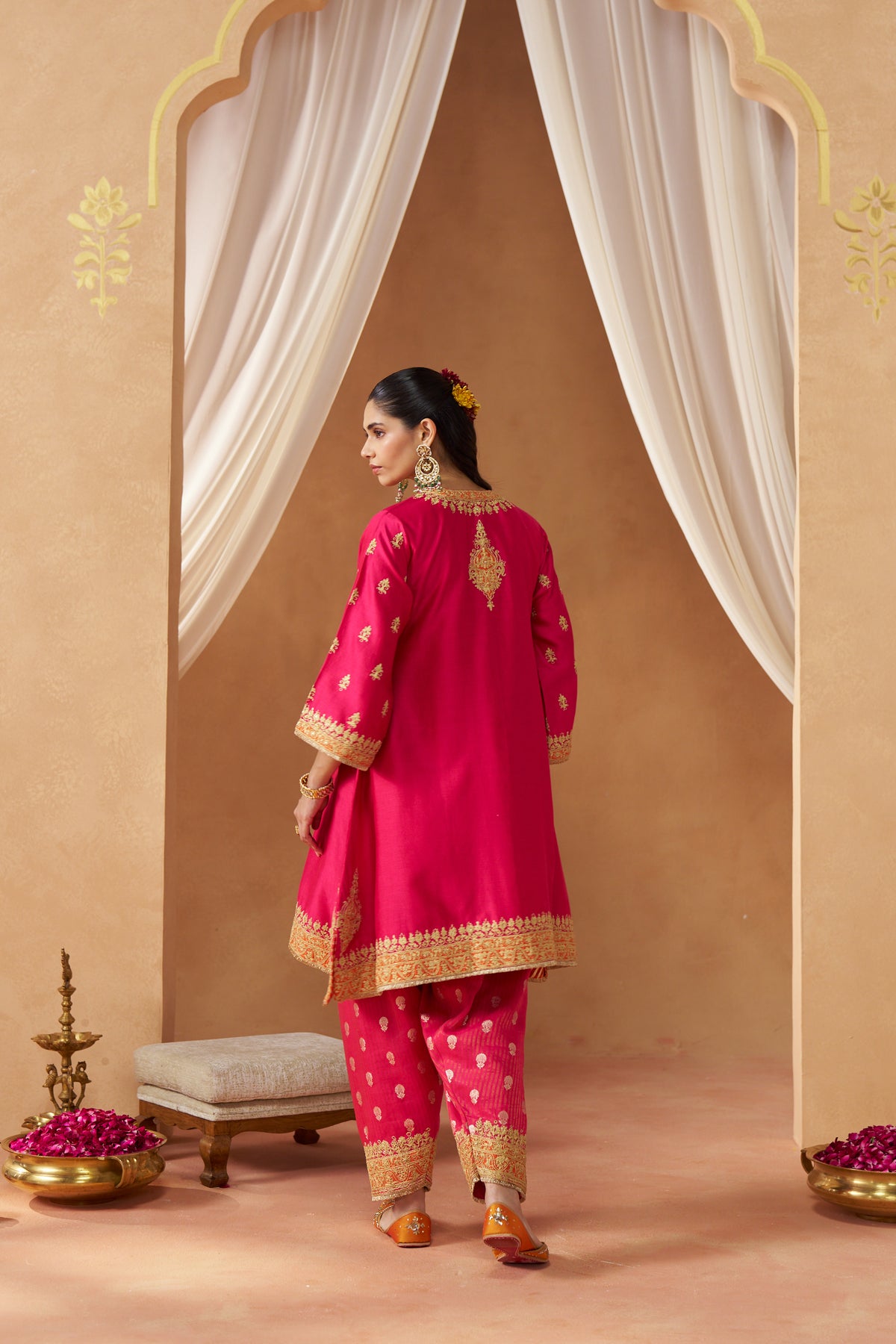 Zeenal - Hot Pink Short A-Line Kaftan with Salwar & Dupatta