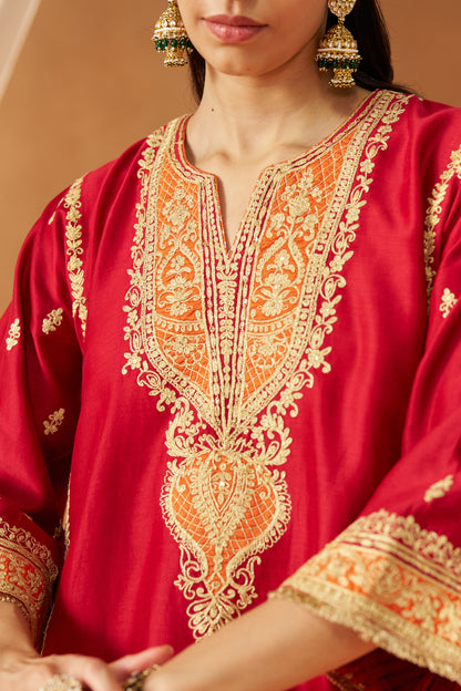 Maahgul - Deep Red Short Kalidaar Chauga with Salwar & Light Dupatta