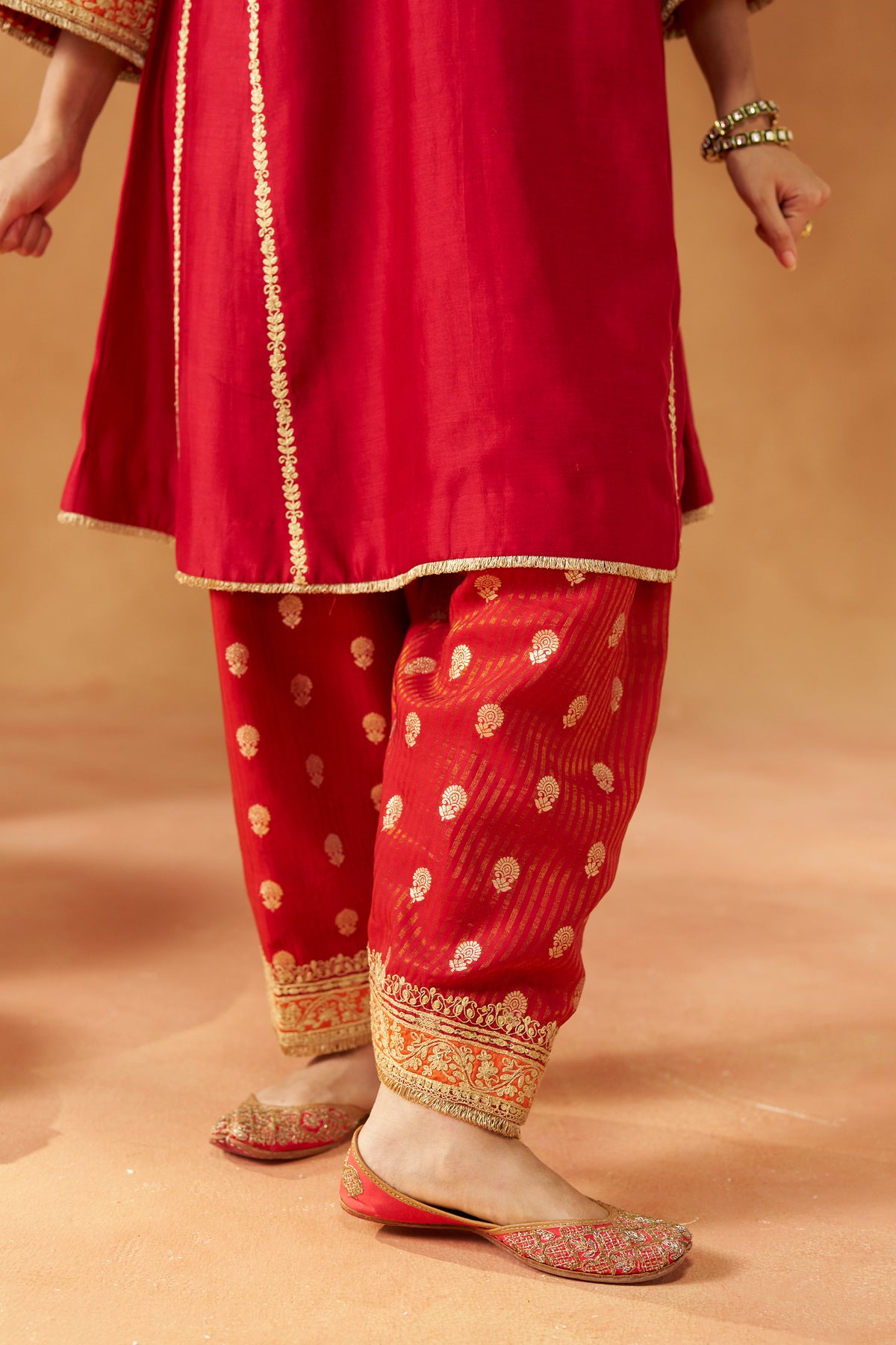 Maahgul - Deep Red Short Kalidaar Chauga with Salwar & Light Dupatta