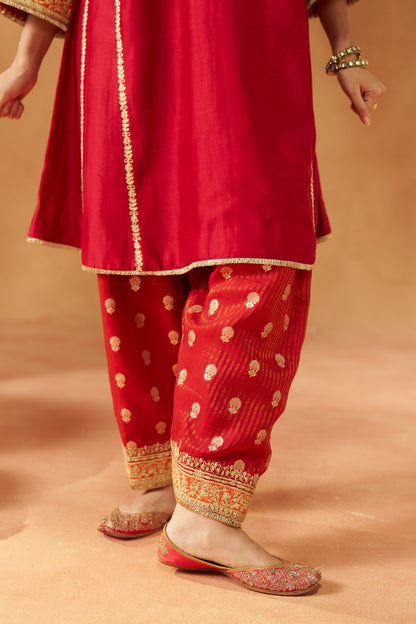 Maahgul - Deep Red Short Kalidaar Chauga with Salwar & Light Dupatta