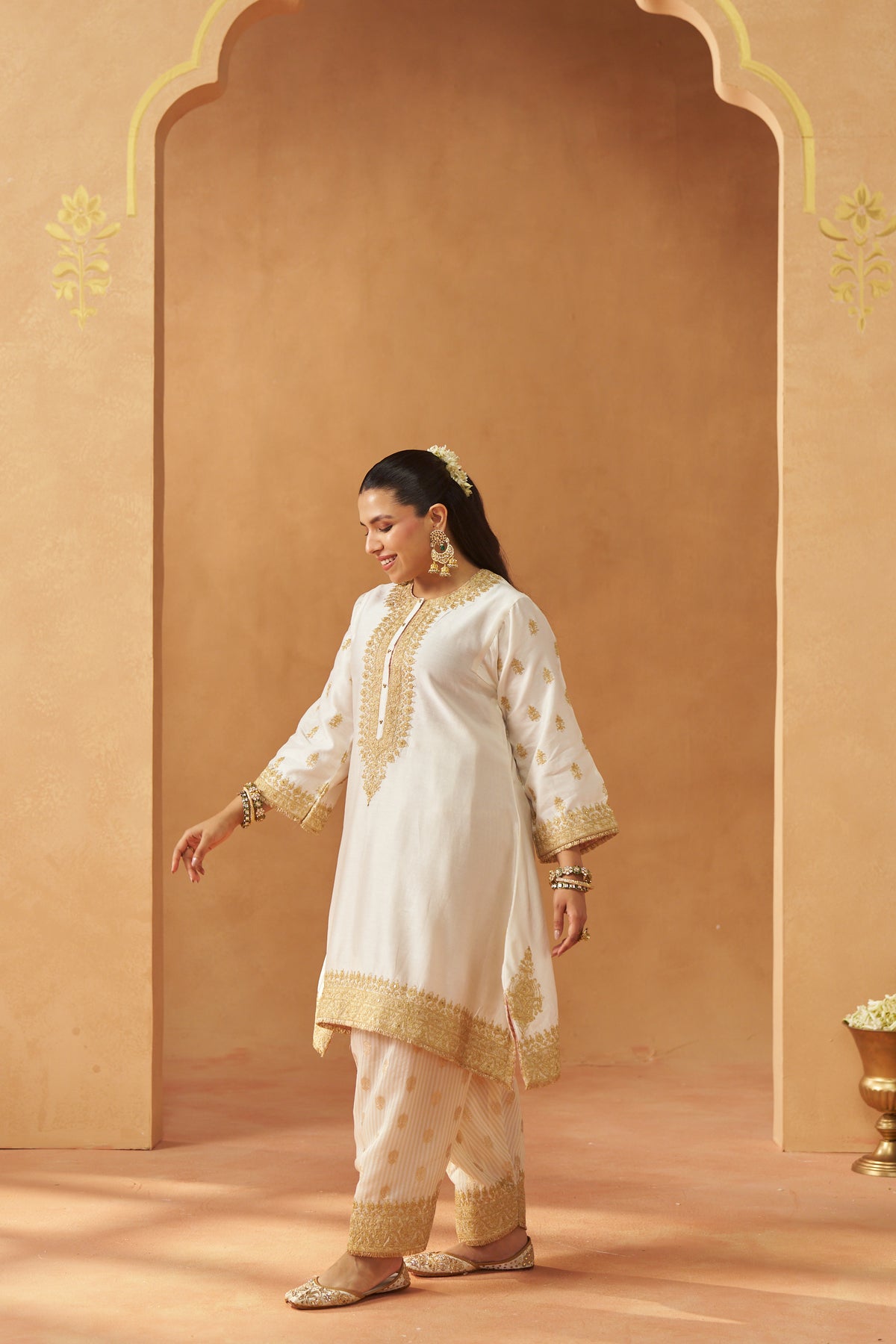 Zeenal - Daisy Ivory Short A-Line Kaftan with Salwar & Dupatta