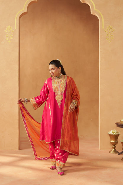 Maahgul - Hot Pink Short Kalidaar Chauga with Salwar & Light Dupatta