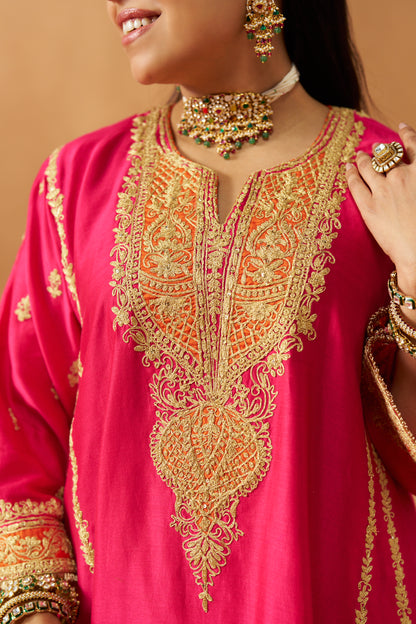 Maahgul - Hot Pink Short Kalidaar Chauga with Salwar & Light Dupatta