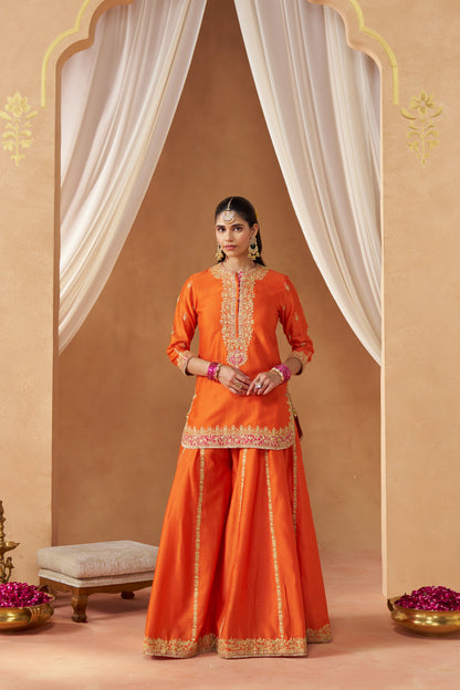 Fadiya - Burnt Orange Kurta with Sharara & Heavy Dupatta