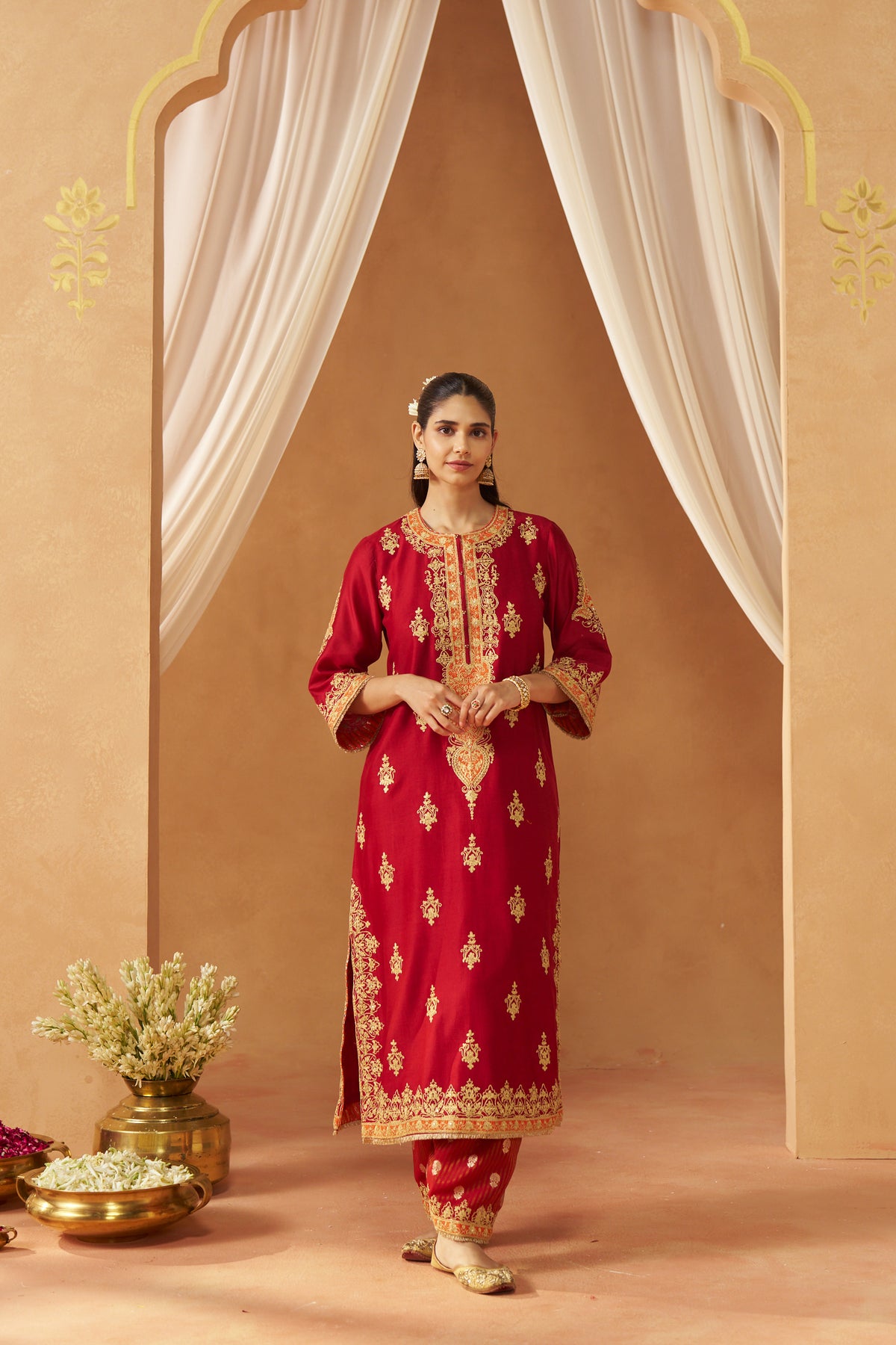 Mubina - Deep Red Long A-Line Kurta with Salwar & Dupatta
