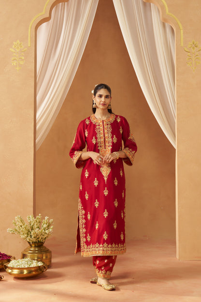 Mubina - Deep Red Long A-Line Kurta with Salwar & Dupatta