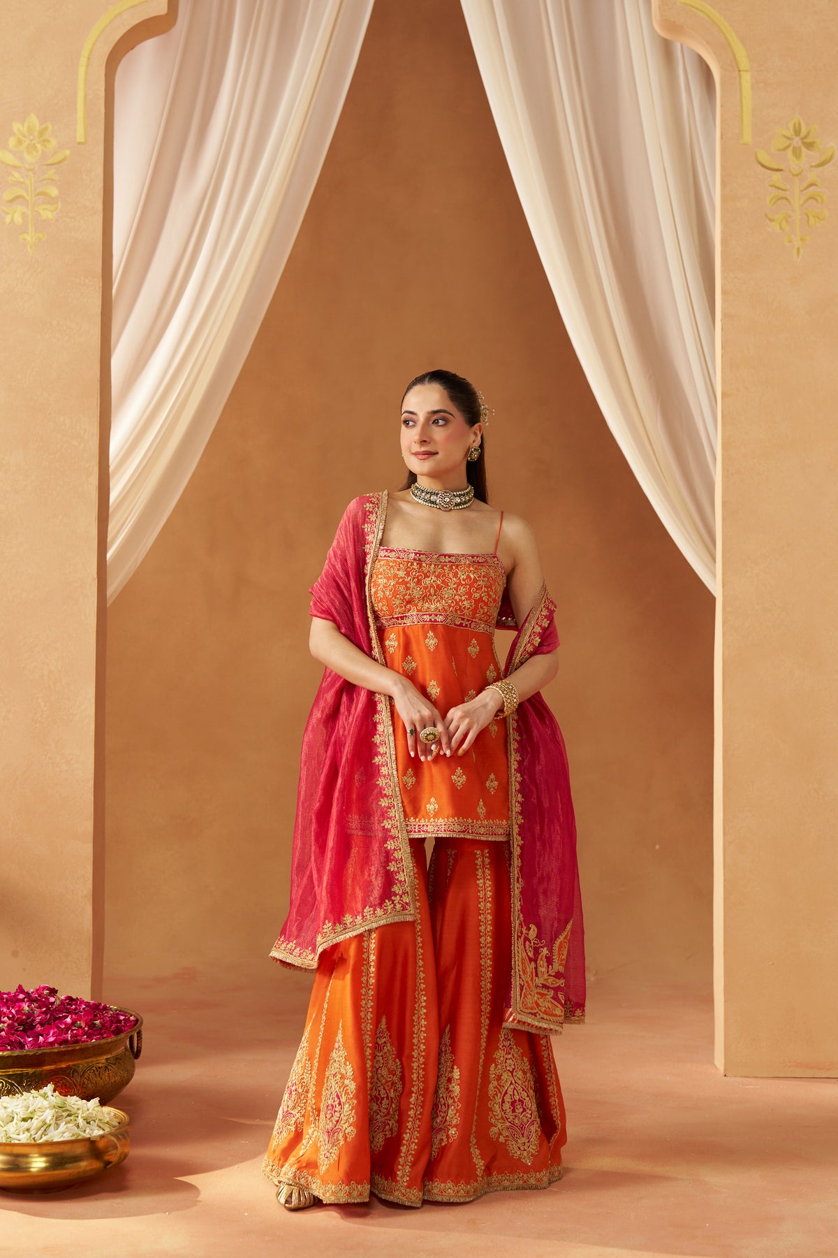 Najma - Burnt Orange Kurta with Garara & Heavy Dupatta