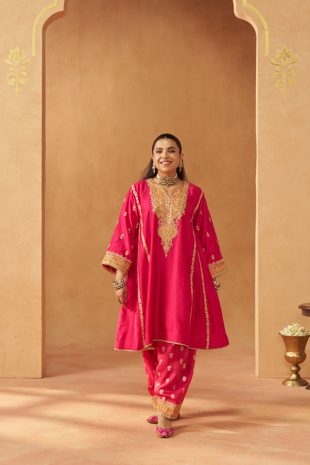 Maahgul - Hot Pink Short Kalidaar Chauga with Salwar & Light Dupatta