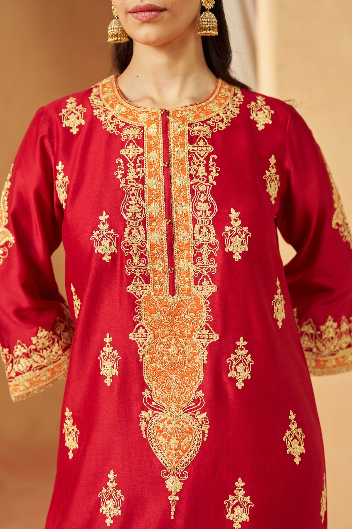 Mubina - Deep Red Long A-Line Kurta with Salwar & Dupatta