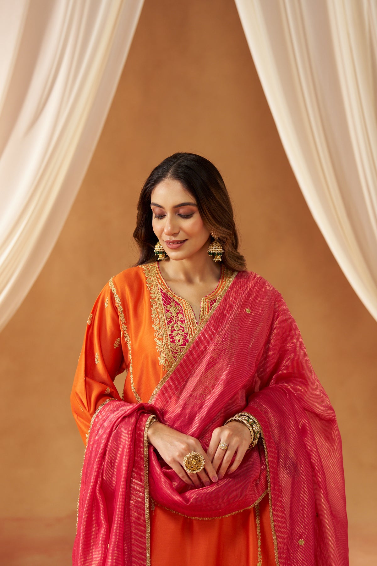 Maahgul - Burnt Orange Short Kalidaar Chauga with Salwar & Light Dupatta