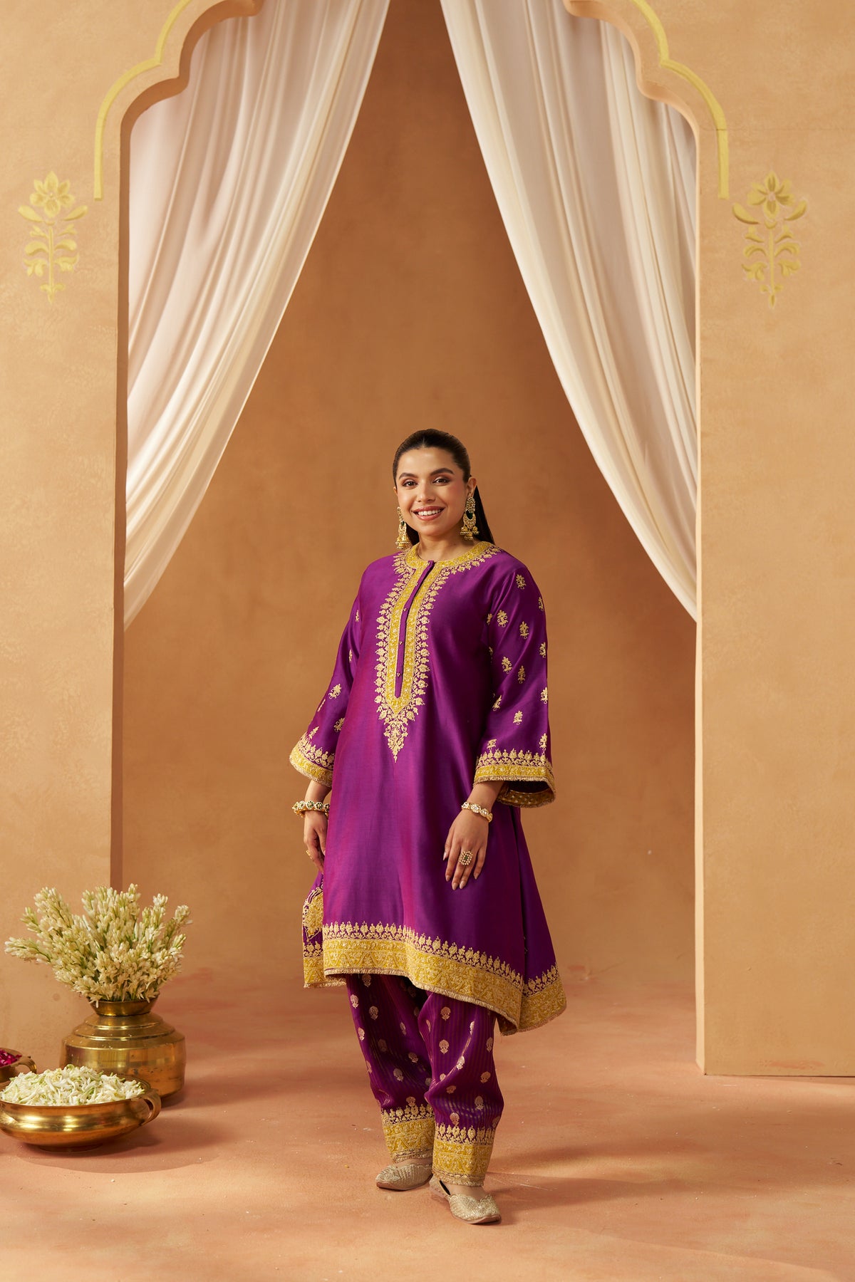 Zeenal - Deep Purple Short A-Line Kaftan with Salwar & Dupatta