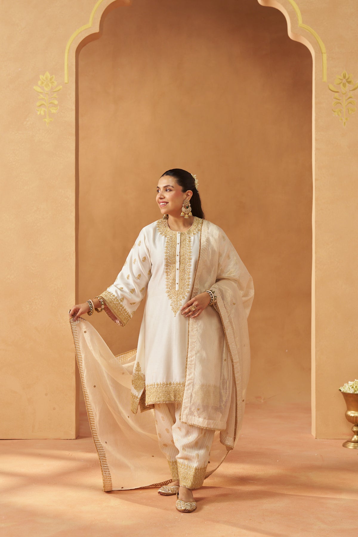 Zeenal - Daisy Ivory Short A-Line Kaftan with Salwar & Dupatta
