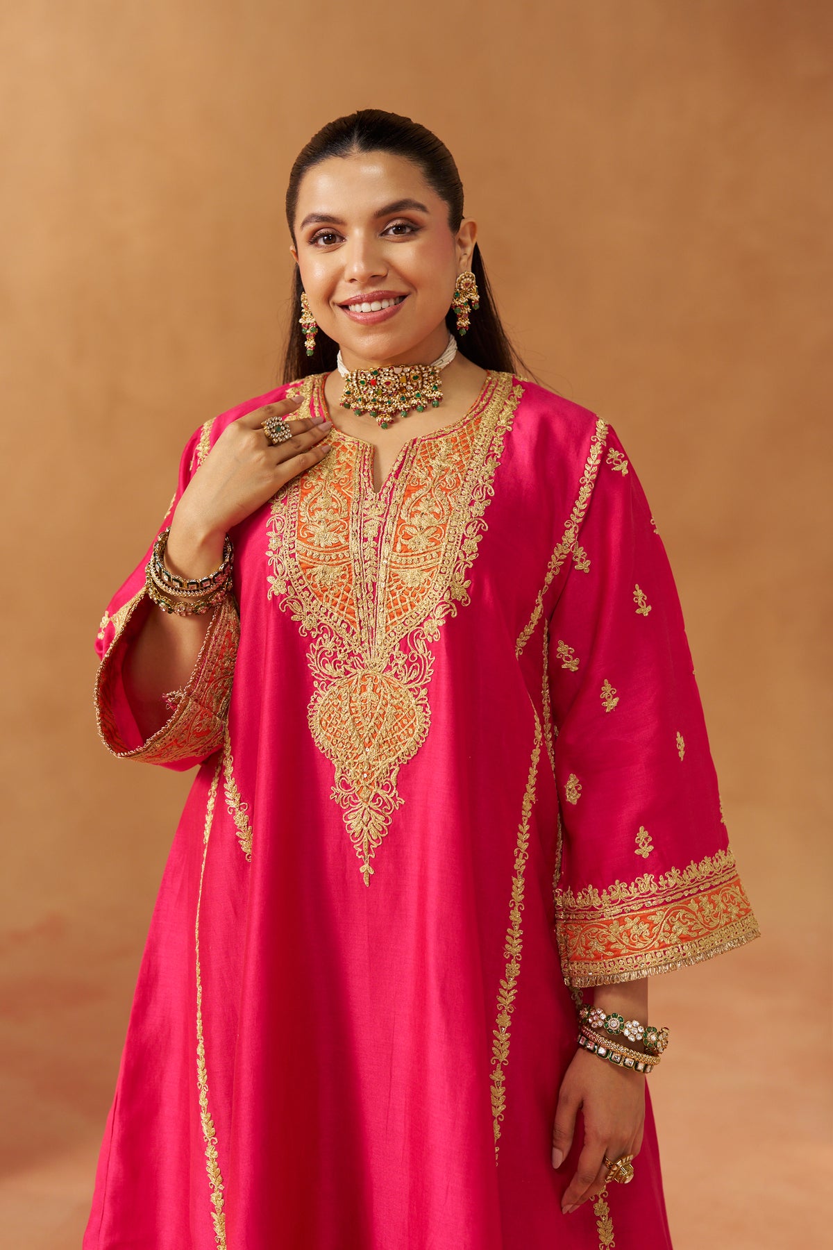Maahgul - Hot Pink Short Kalidaar Chauga with Salwar & Light Dupatta