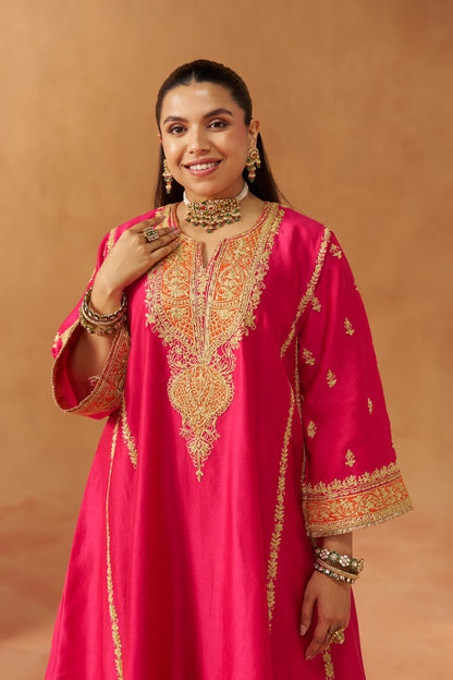 Maahgul - Hot Pink Short Kalidaar Chauga with Salwar & Light Dupatta