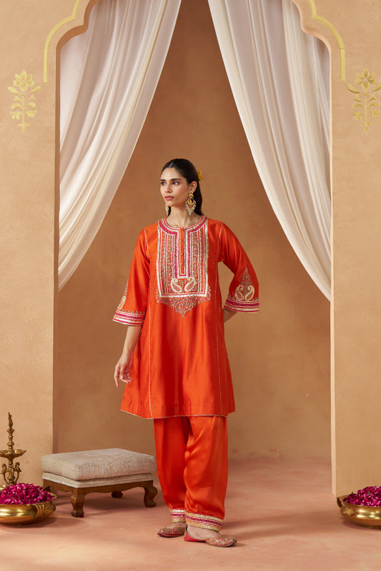 Daneen - Burnt Orange Short Kalidaar Chauga with Salwar & Dupatta