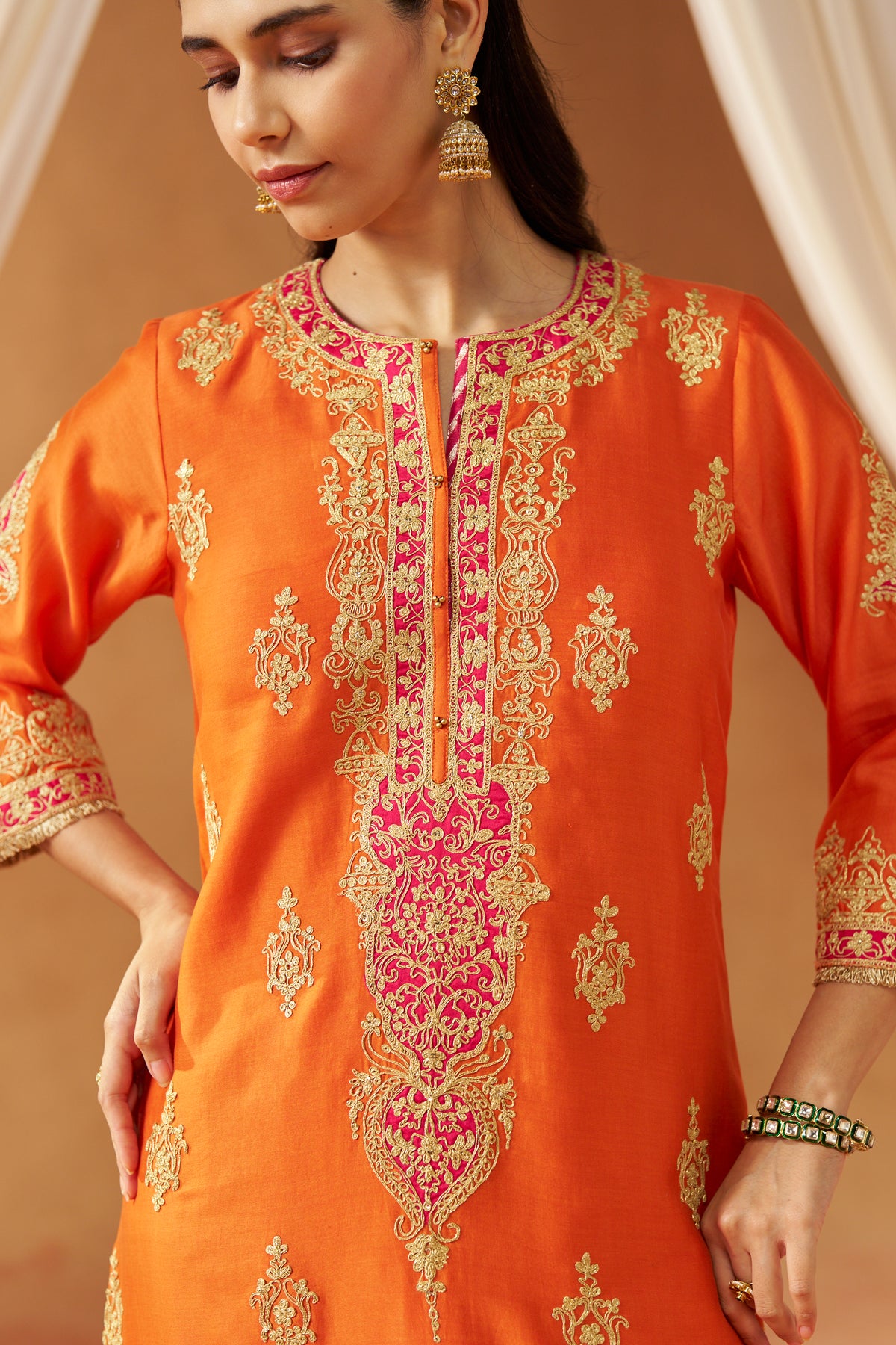 Mubina - Burnt Orange Long A-Line Kurta with Salwar & Dupatta