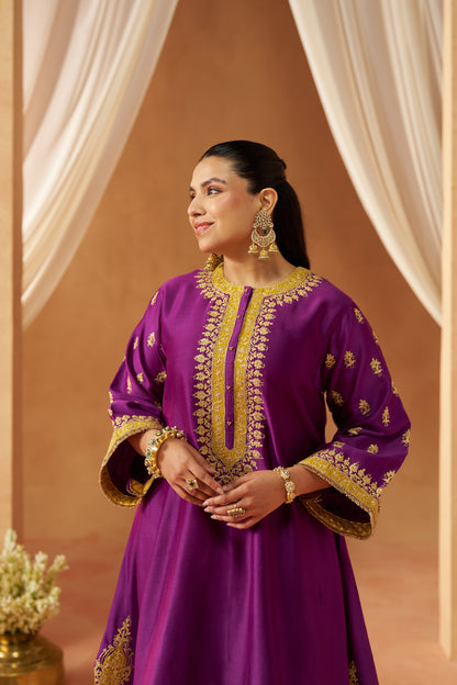 Zeenal - Deep Purple Short A-Line Kaftan with Salwar & Dupatta